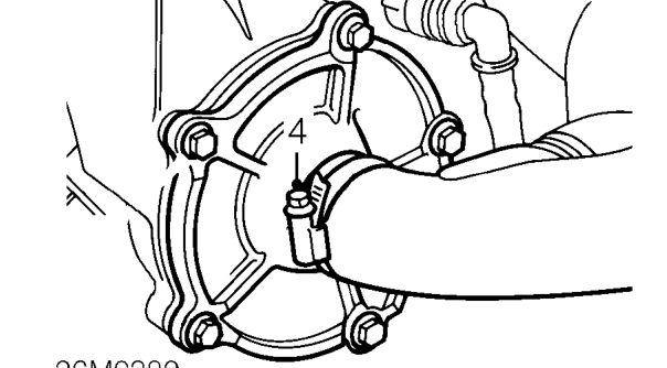 Coolant pump - models without air conditioning – Raise front of vehicle.