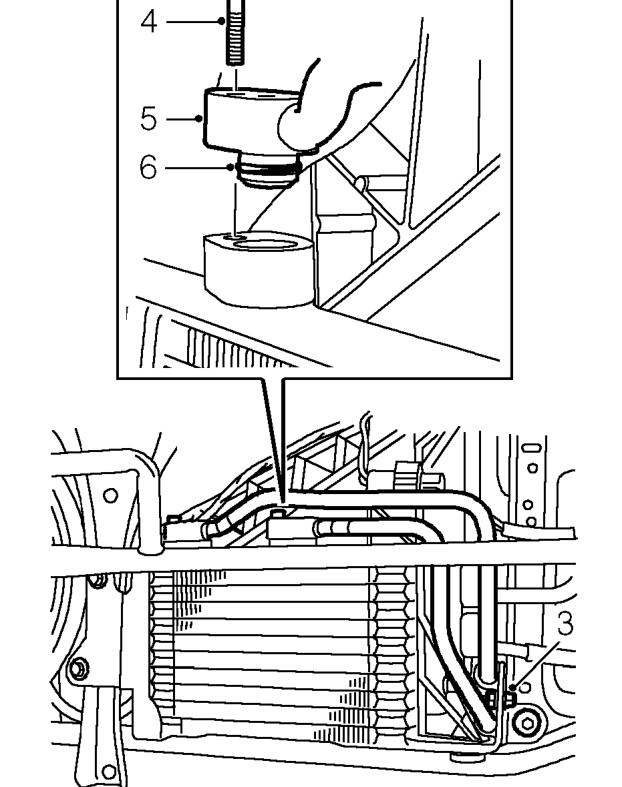 Fluid cooler feed hose/pipe – Position container to collect fluid loss.