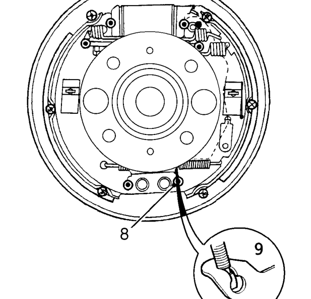 Remove 4 clips and 4 pins retaining LH and RH brake shoe assemblies.