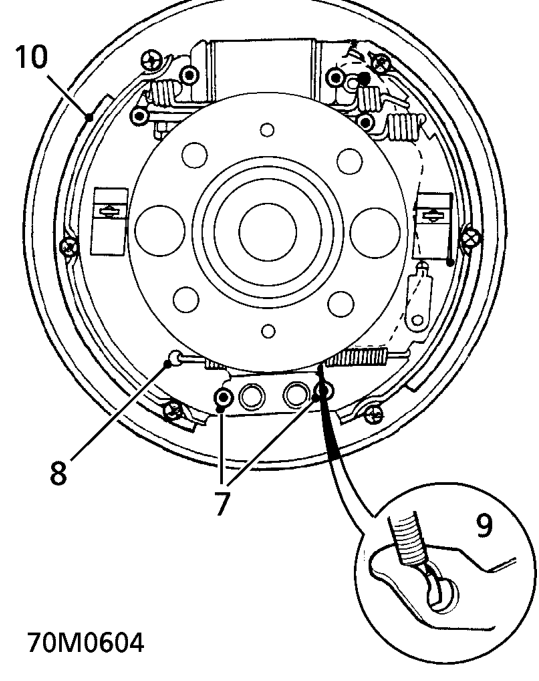 Rear brake shoes – Remove retaining pins.