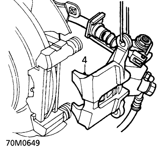 Rear brake pads – Remove 2 guide pin bolts securing caliper to carrier.