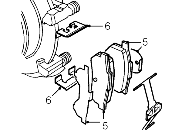 Rear brake pads – Release caliper from carrier and tie aside.