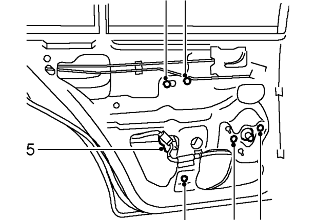 Rear door glass regulator – Remove rear door glass. See Interior trim components.