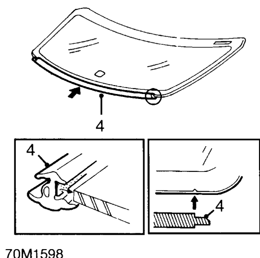Apply cleaning solvent to body flange and shaded area on windscreen.