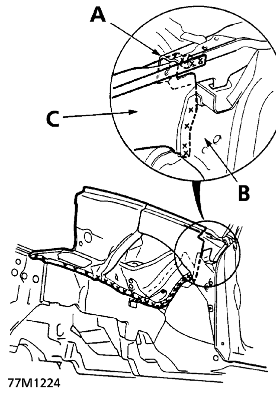 2.0 petrol and diesel models – A. Front Inner wing B. Spring Housing C. RH Mount