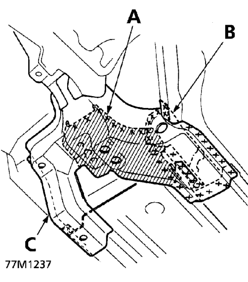 2.0 petrol and diesel models – A. Front side frame B. Engine mount