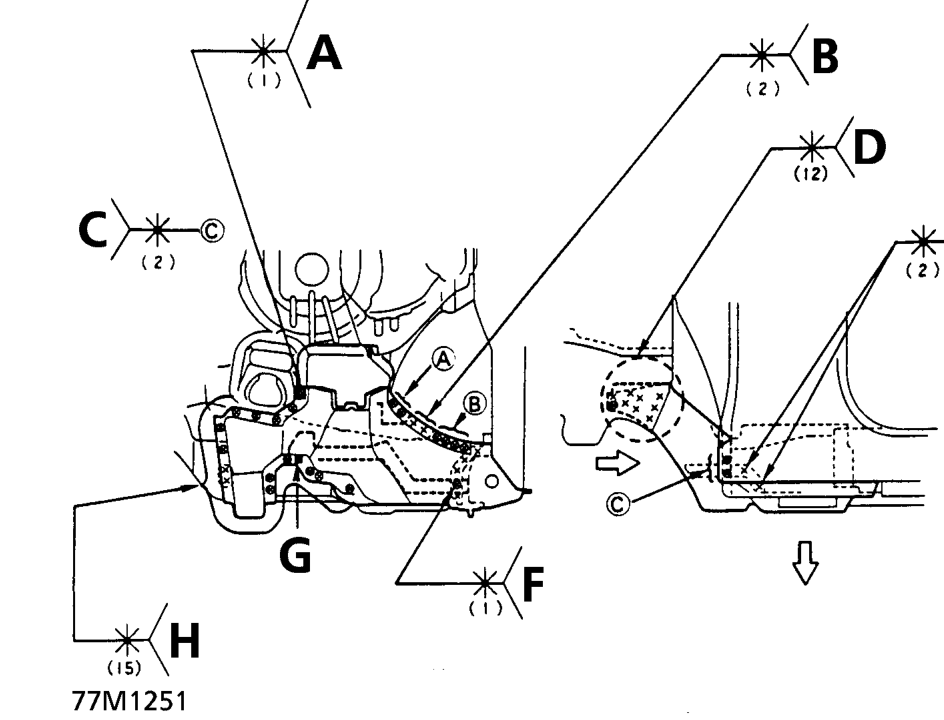 Mass production body welding diagram – The front side outriggers connect the front side frames to the body and are vital to the r