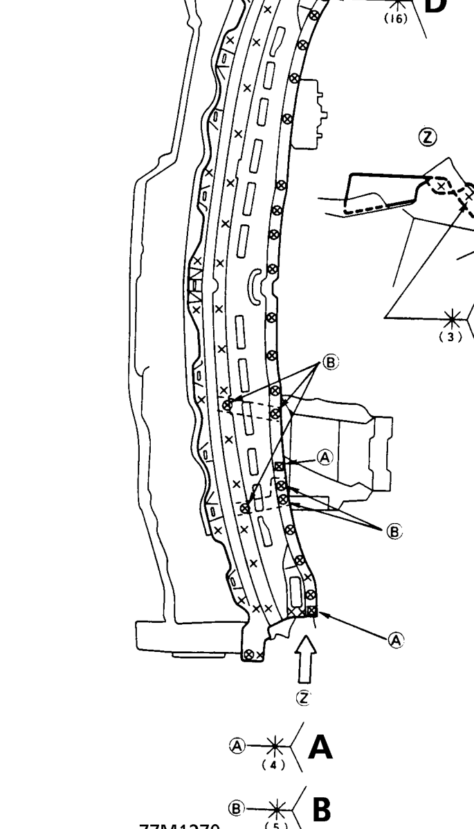 Mass production body welding diagram – Impact damage to the windscreen lower area may spread to the back of the panel and wiper m