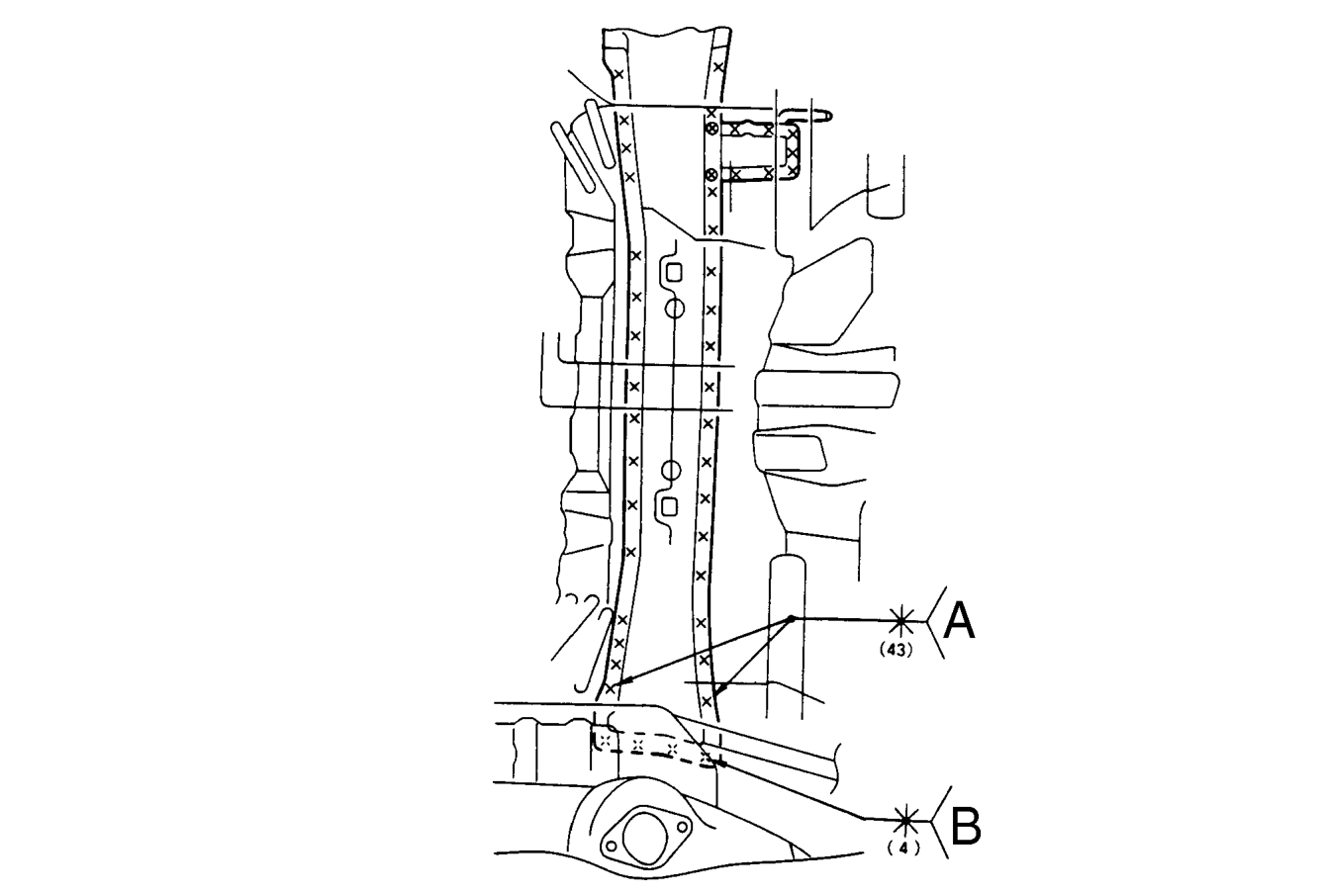 Mass production body welding diagram – The rear floor cross member is critical for rear wheel alignment. During replacement, chec