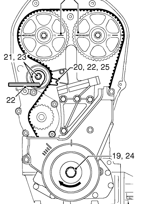 Tensioning timing belt – Ensuring that pointer maintains correct position, tighten tensioner bolt to 25 Nm.