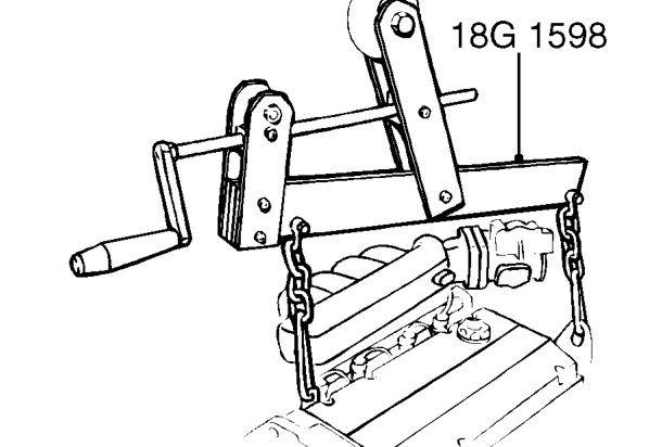 Fit engine lifting bracket tool 18G 1572/2 to cylinder head. Fit bolt and tighten to 9 Nm.