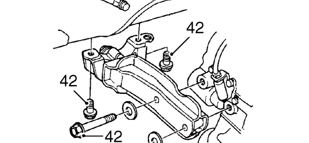 Up to 97.5my illustrated – Remove 4 bolts securing LH front mounting to body and engine. Remove mounting.