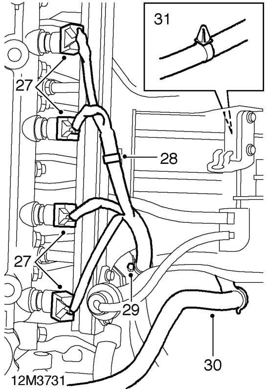 Disconnect engine harness from oxygen sensor multiplug and release multiplug from bracket.
