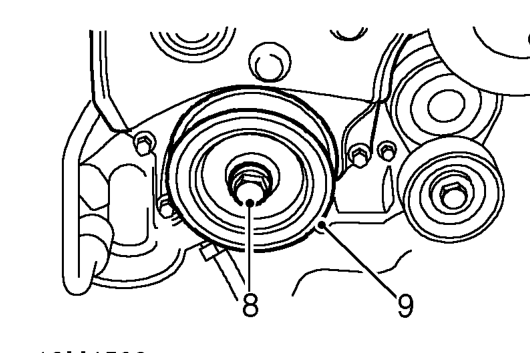 Crankshaft pulley – Check that timing marks on camshaft gear and back cover are aligned.