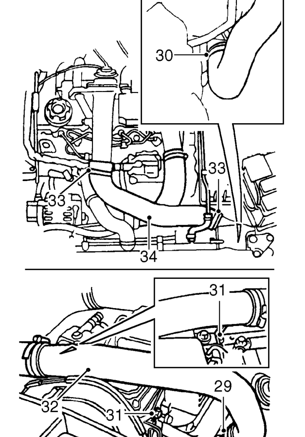 Models with intercooler – Loosen clip and disconnect air intake pipe from turbocharger, remove air intake pipe assem