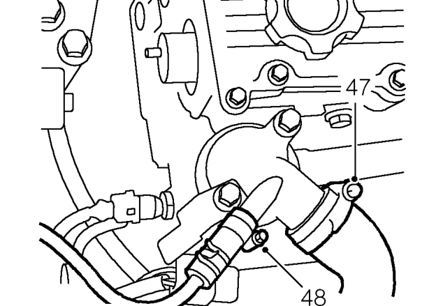 Loosen clip and disconnect radiator bottom hose from coolant rail.