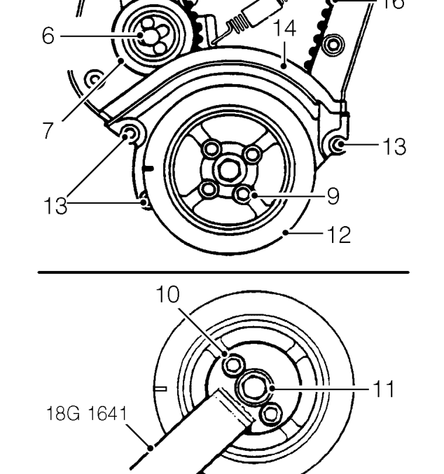Camshaft timing belt - models without air conditioning – Fit camshaft locking tool 18G 1524 to camshaft gears, tighten nut to retain tool.