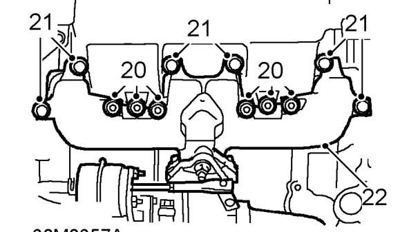 Remove 2 bolts securing exhaust manifold to mounting bracket.