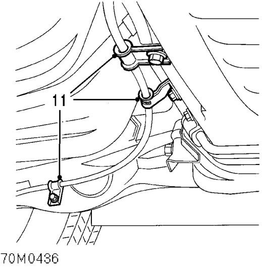 Handbrake cable - disc brakes – Remove 4 bolts securing fuel tank heat shield to body and remove heat shield.