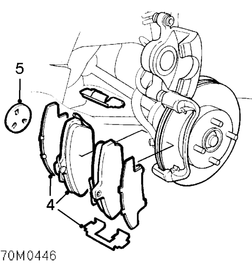 Front brake pads – Remove lower guide pin bolt from caliper housing and pivot housing upwards.