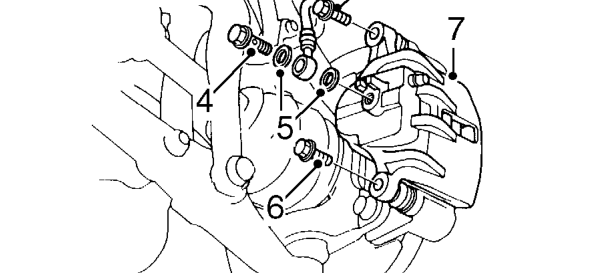 Front brake caliper – Clamp brake hose to prevent fluid lose.