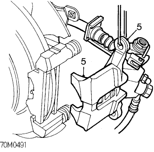 Rear brake pads – Remove 2 guide pin bolts securing caliper to carrier.