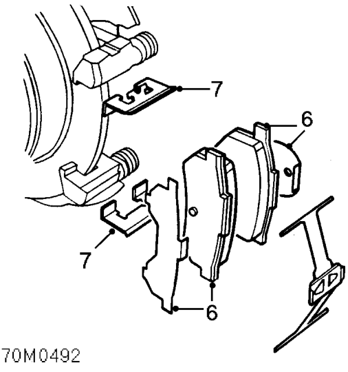 Rear brake pads – Release caliper from carrier and tie aside.