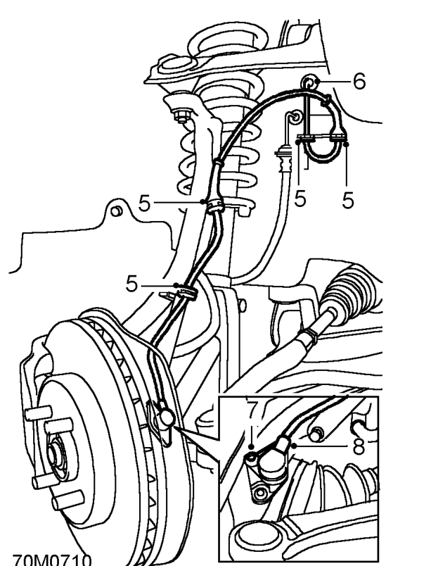 Abs front wheel sensor and harness – Disconnect sensor harness multiplug.