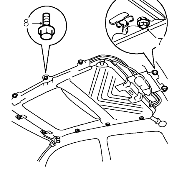 Release 5 clips securing harness to sunroof tray.