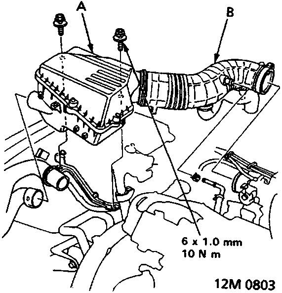 Diagram of air cleaner and intake air duct with labels A and B