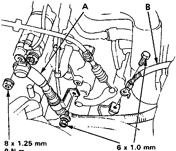 Diagram showing starter cable and gearbox earth cable with dimensions 8 x 1.25 mm 9 N m and 6 x 1.0 mm 10 N m