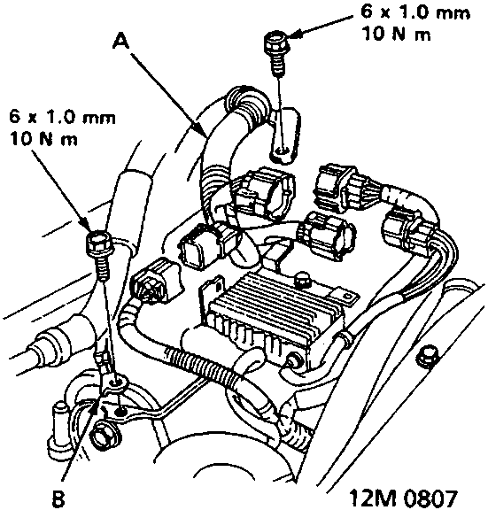 Diagram showing left side engine harness and earth cable with dimensions 6 x 1.0 mm 10 N m