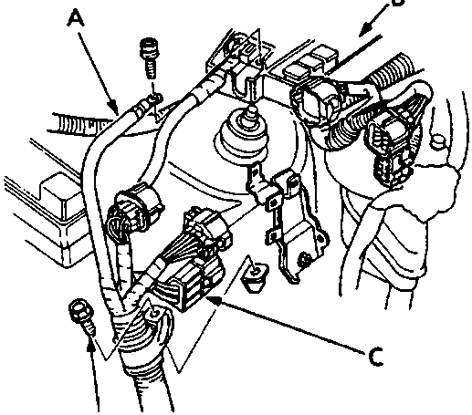 Diagram of engine compartment components showing power cable, fuse/relay box, and engine harness connections