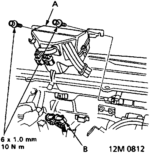 Diagram showing emission control box removal, indicating 6 x 1.0 mm bolts at 10 N m torque and connector locations
