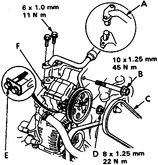 Diagram of power steering pump assembly showing mounting bolts, adjusting bolt, and P/S pipe with torque specifications 6x1.0mm 11Nm, 10x1.25mm 45Nm, and 8x1.25mm 22Nm
