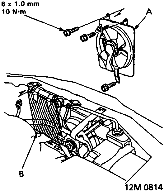 Diagram showing condenser fan shroud being removed from radiator area with a protector plate installed below