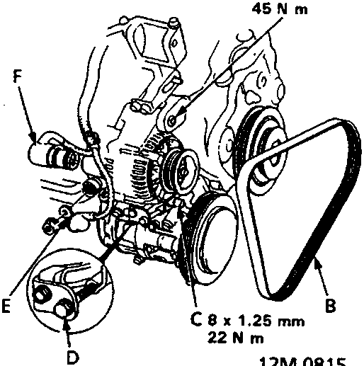Diagram of alternator assembly showing mounting bolt, alternator belt, adjusting bolt, terminal, and connector with torque specifications 10x1.25mm 45Nm and 8x1.25mm 22Nm