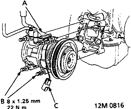 Diagram of alternator with callouts A, B, C showing mounting bolts and connector location