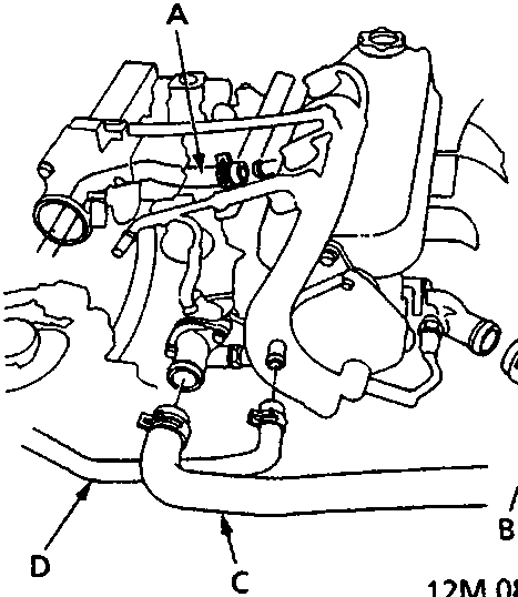 Diagram of radiator hoses and heater connections with callouts A, B, C, D
