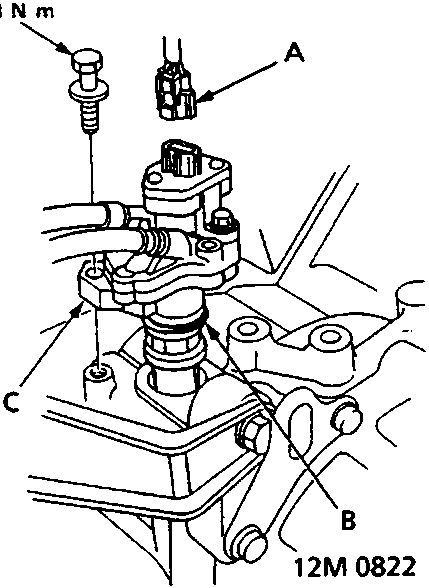Diagram showing connector, O ring, and vehicle/power steering speed sensor with callouts A, B, and C