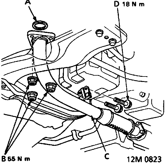 Diagram showing exhaust pipe mounting with callouts A, B, C, D and torque values 18 N m and 55 N m