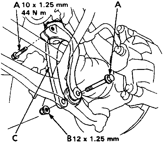 Diagram showing damper fork mounting with callouts A, B, C and torque values 44 N m and 65 N m