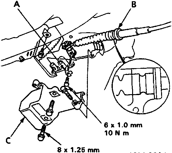Diagram showing shift cable mounting with callouts A, B, C and torque values 10 N m and 18 N m