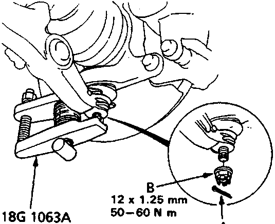 Diagram showing suspension lower arm ball joint removal with callouts A, B and torque value 50-60 N m