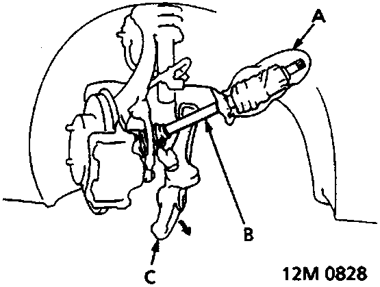 Diagram showing a driveshaft covered by a plastic bag, with callouts A for Plastic bag, B for Driveshaft, and C for Suspension lower arm, reference number 12M 0828