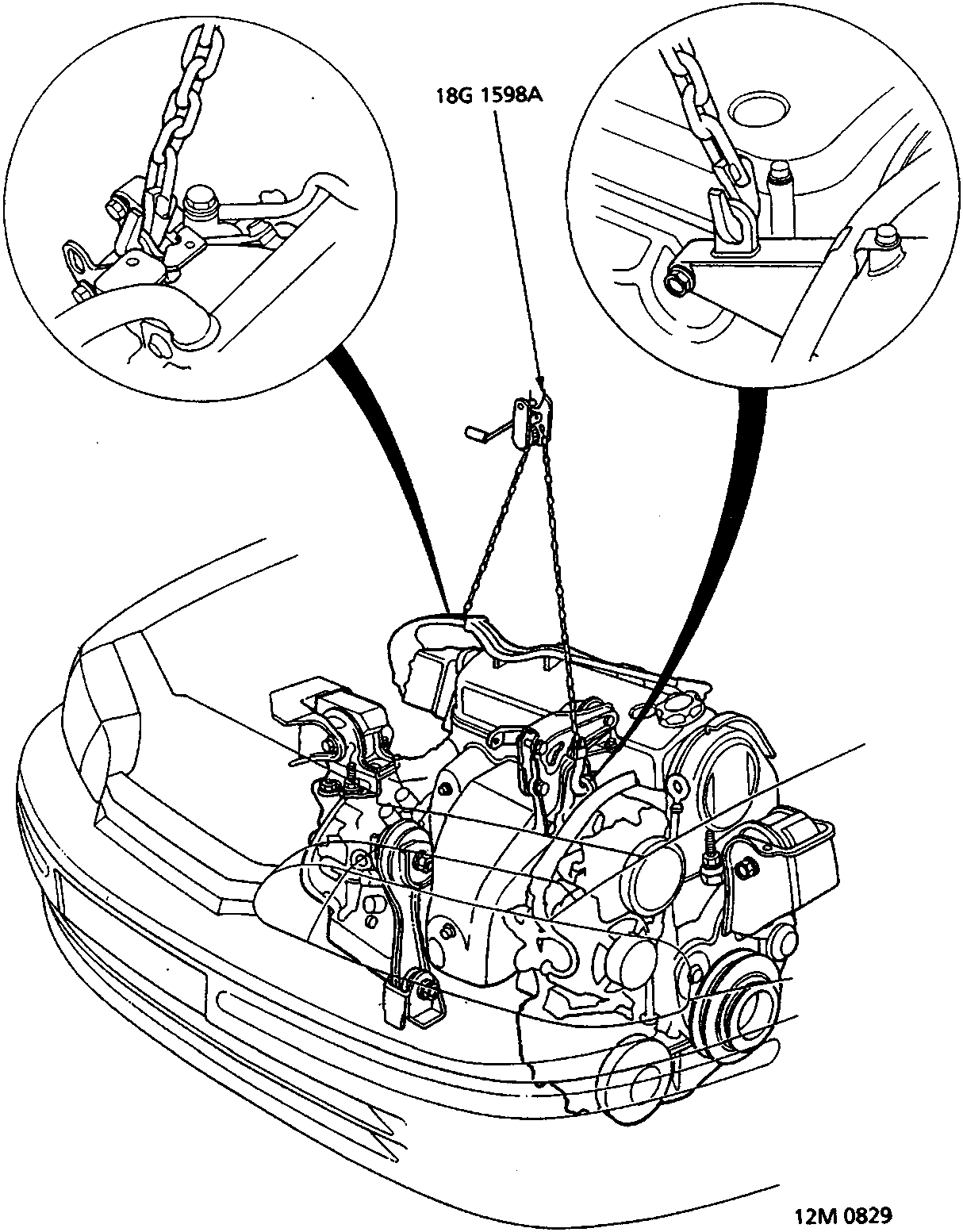 Diagram showing a chain hoist attached to the engine with two circular callout views detailing the attachment points. The tool number 18G 1598A is indicated. The figure reference 12M 0829 is at the bottom right.