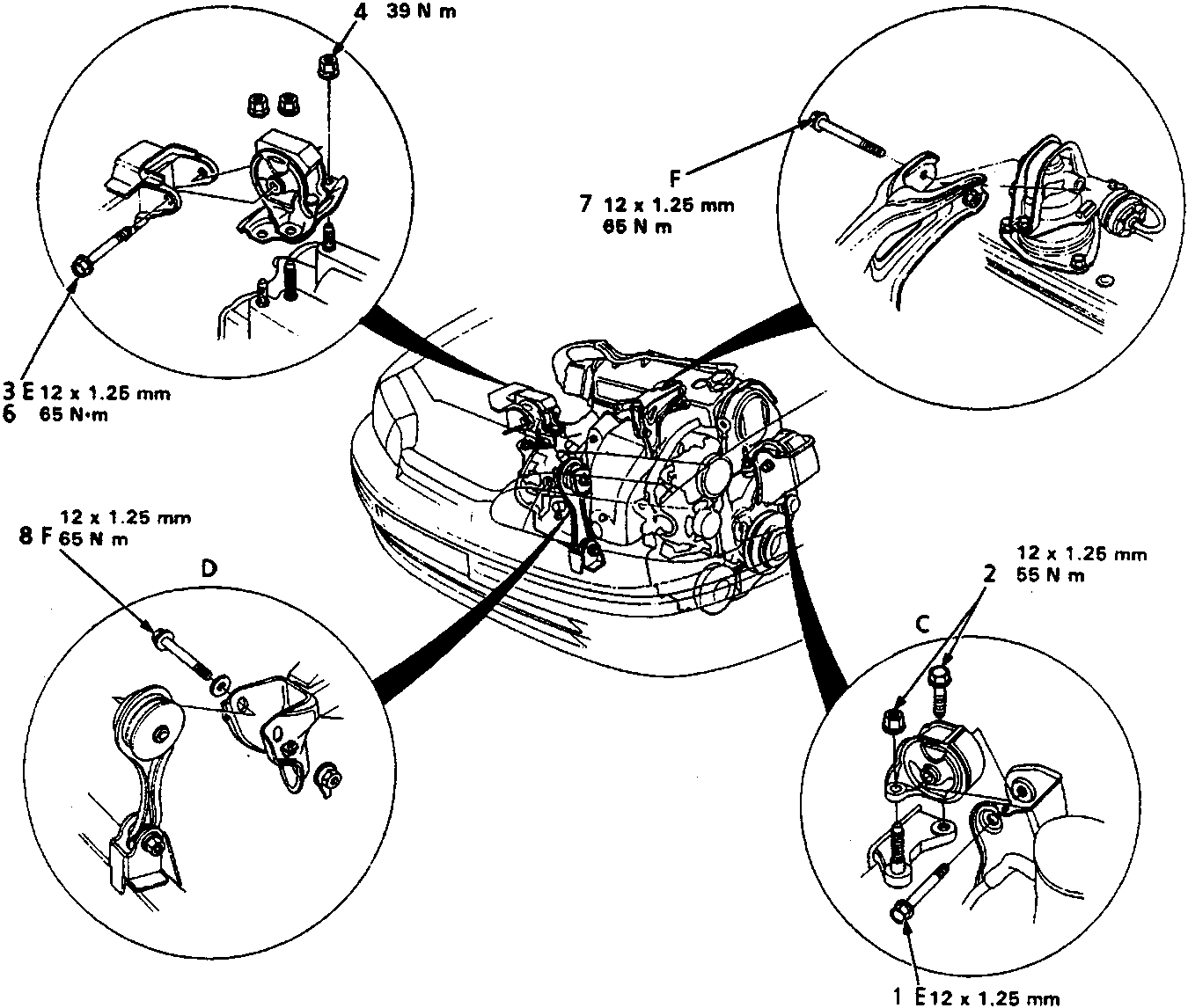 Diagram showing engine mounting bolt and nut tightening sequence with callouts A through F, including thread sizes and torque values for each point. Reference number 12M 0834 at bottom right.