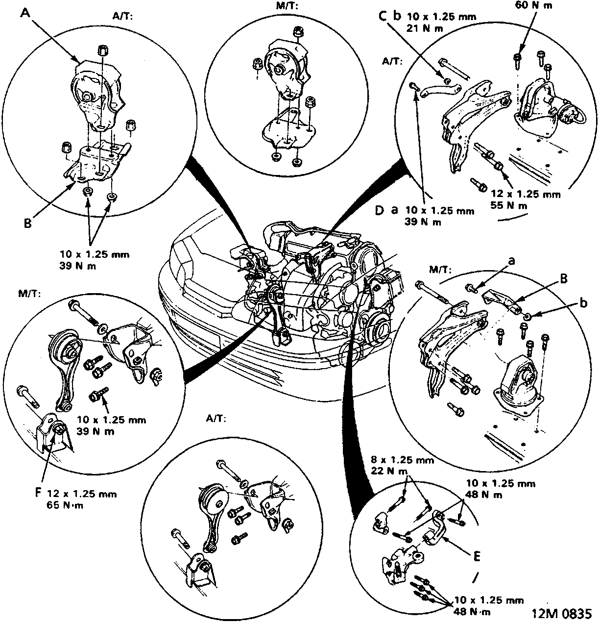 Diagram of engine mount and bracket bolt locations with torque specifications for automatic (A/T) and manual (M/T) transmissions, including callouts A through F.