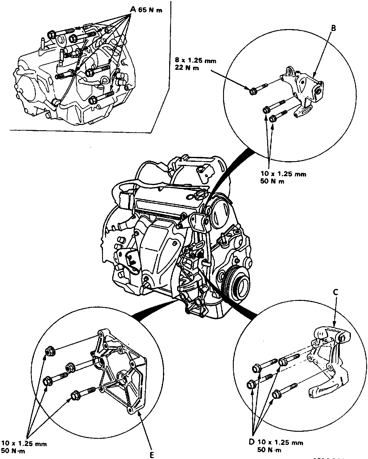 Diagram of engine and gearbox mounting points showing bolt locations A, B, C, D, E with thread sizes and torque values