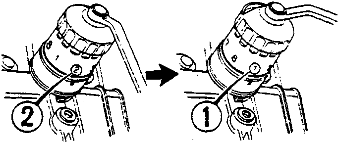 Diagram illustrating the numbered tightening method for the oil filter, showing numbers 1 and 2.
